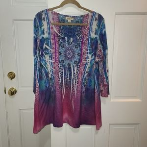 One World printed knit 3/4 sleeve embellished top